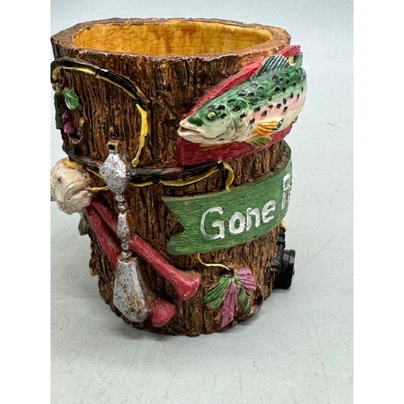 Fishing-Themed Gone Fishin Decorative Pen Holder reel life Russ Berrie 4" READ - Picture 7 of 10